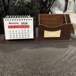 Wooden Desktop Organizer and Calendar - 2026 Office Stationery